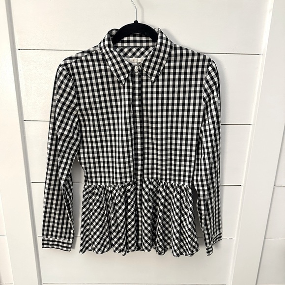 BOSTON PROPER Woman black-white gingham ruffled bottom button career blouse 6 - Picture 1 of 14